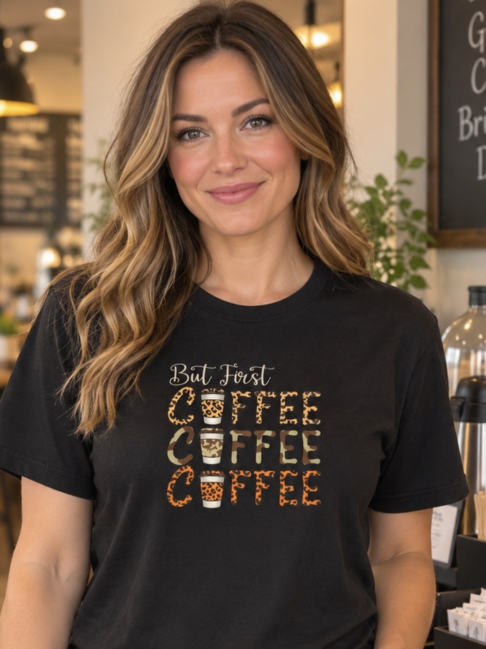 Athletic Works Black Tee with Leopard Coffee Graphic
